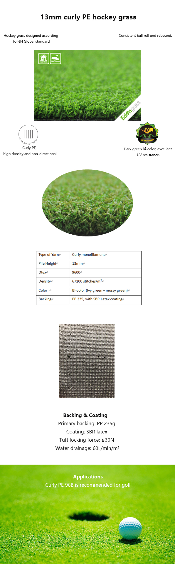 Do golfe sintético do gramado da colocação desgaste artificial verde da altura da grama 13m - resistente 0